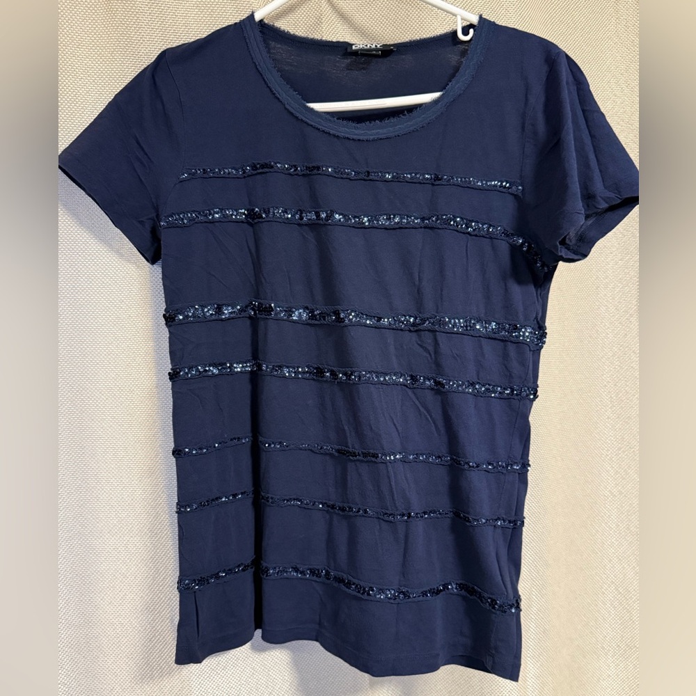 DKNY used women's crewneck top, embellished with sequins line at the front.